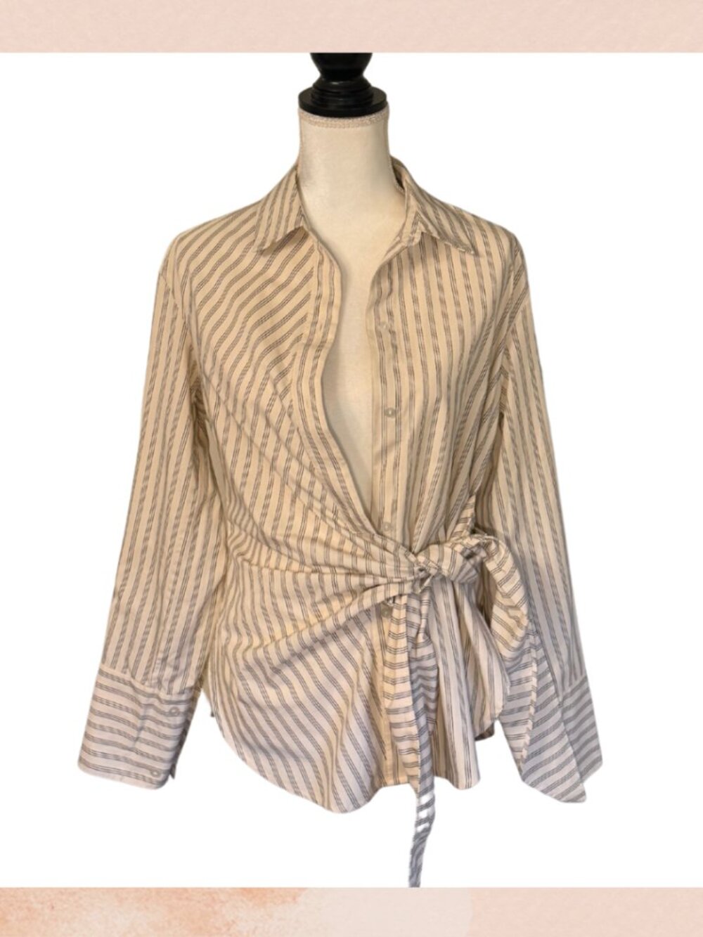 Abercrombie & Fitch Cream Pinstriped Collared Button-Down Wrap-Tie Shirt